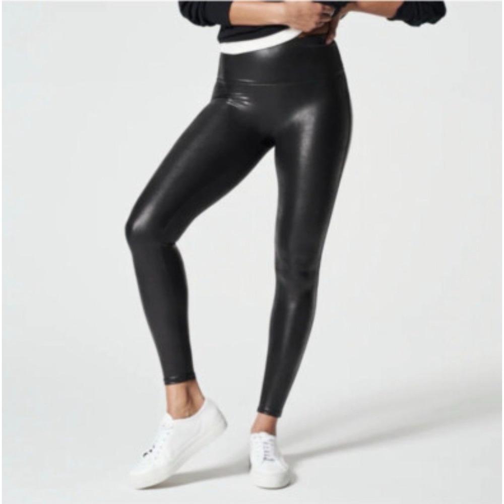 SPANX WOMENS BLACK FAUX LEATHER spackle leggings medium - Picture 2 of 12